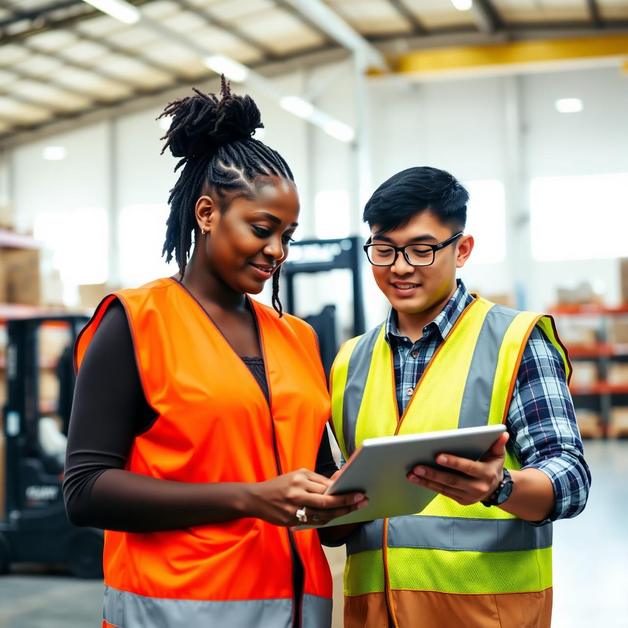 Diverse logistics team reviewing shipment details inside a modern warehouse